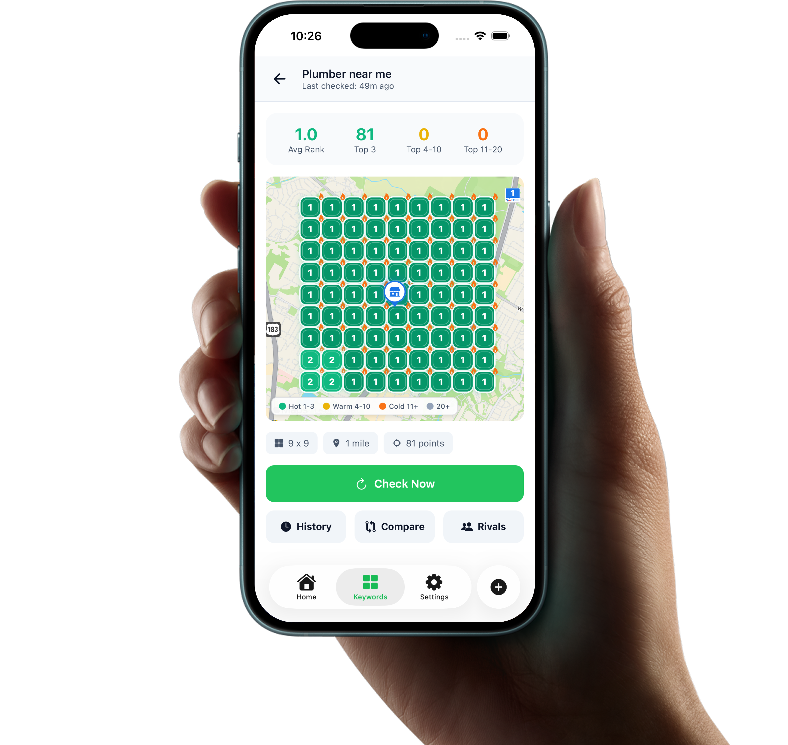 MapRank app showing local ranking heatmap