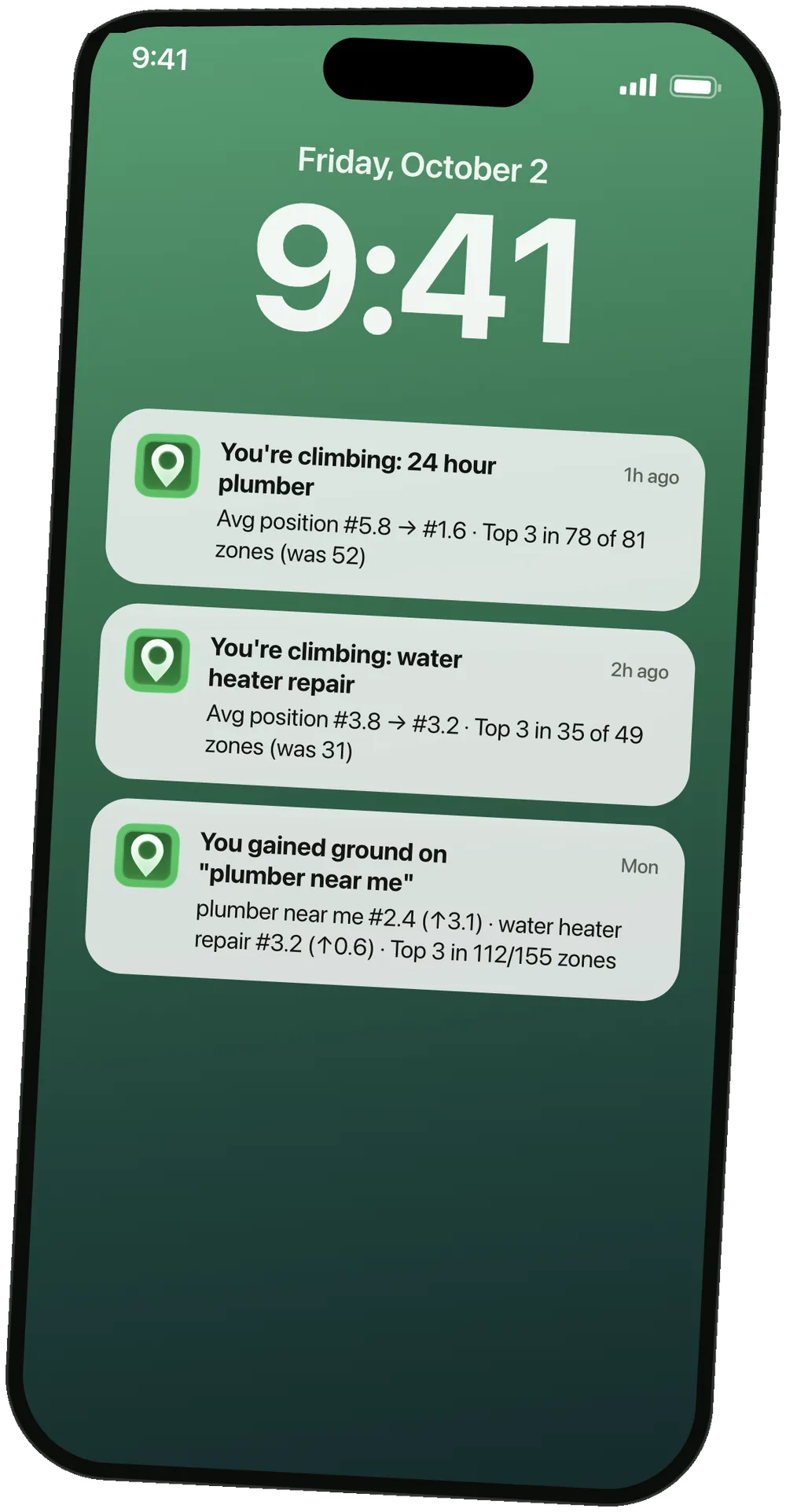 iPhone lock screen with MapRank notifications about rank changes