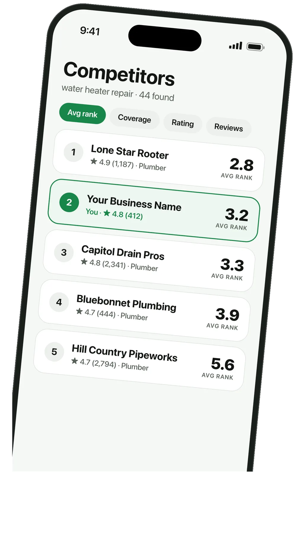 MapRank competitors screen ranking nearby businesses by average position