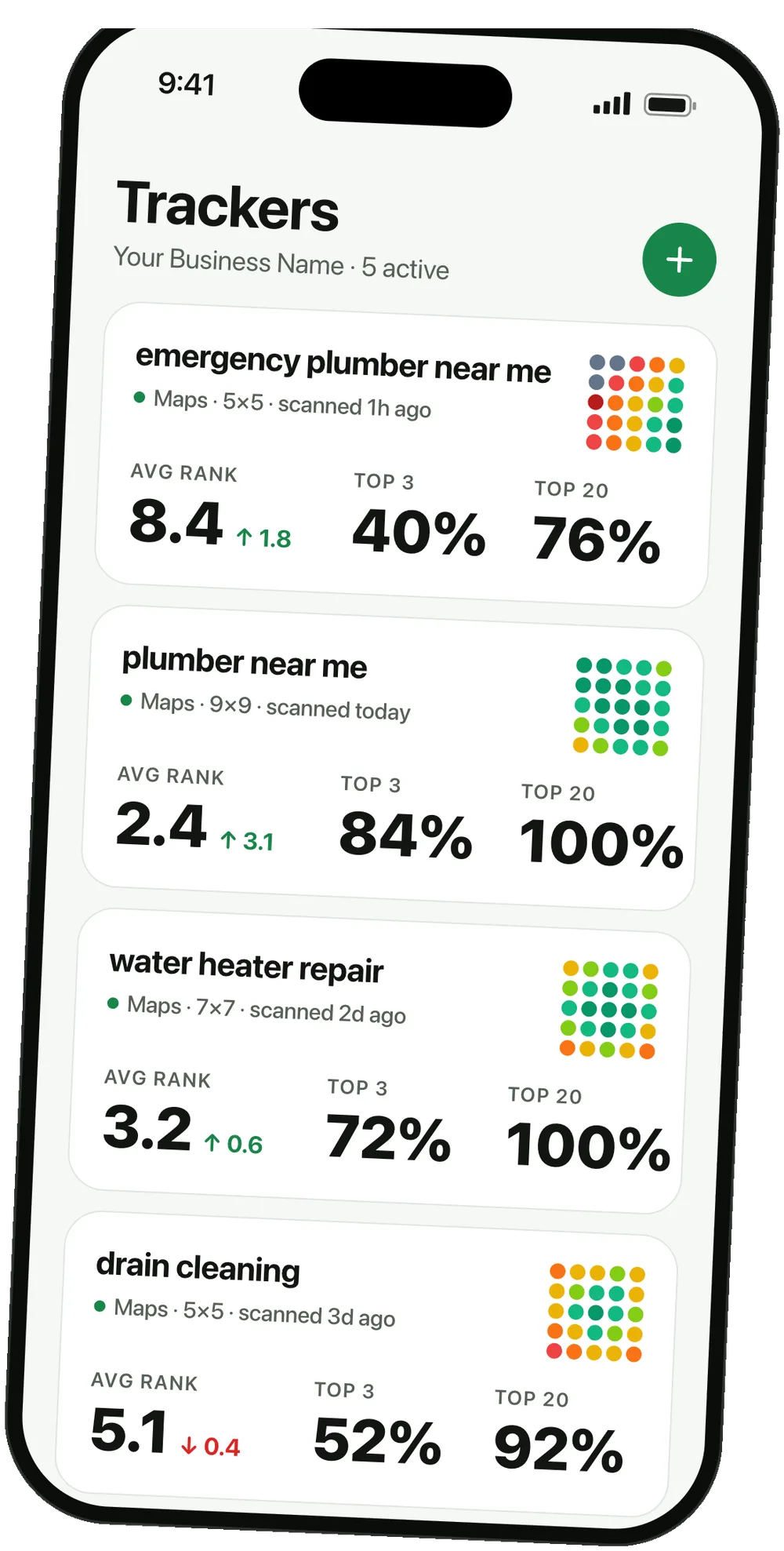 MapRank trackers screen listing keywords with average rank, top-3 coverage and mini heatmaps