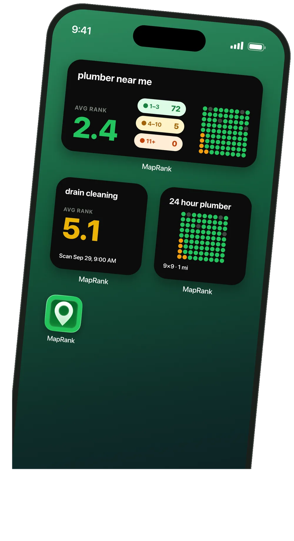 iPhone Home Screen with MapRank widgets showing average rank and a mini heatmap grid